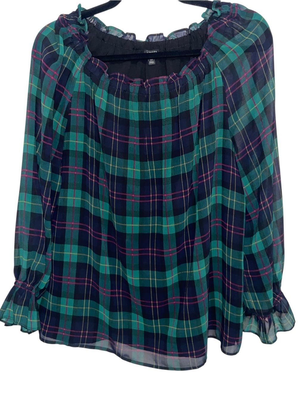 Talbots Top Womens Large Petite Green Navy Tartan Plaid Blouse Preppy Christmas